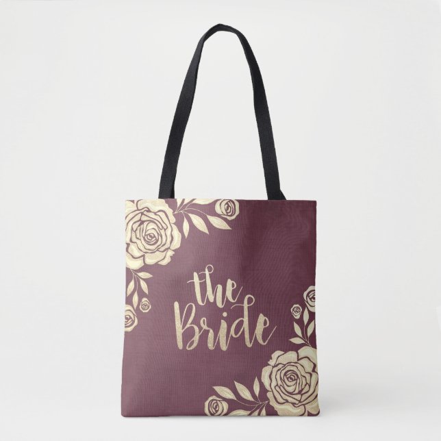Bolsa Tote Casamento Brides Modernos Rosas Dourados Chic Verm (Frente)