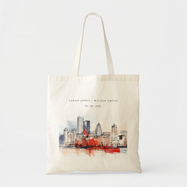 Bolsa Tote Casamento com Aquarelas da Cidade de Boston Massac (Frente)