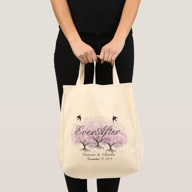 Bolsa Tote Casamento com aves da Lavanda de folha de coração (Frente (produto))