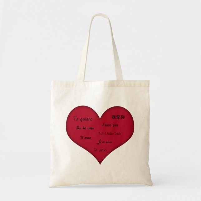 Bolsa Tote Casamento com Coração Vermelho Multilíngue (Frente)