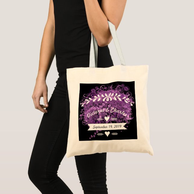 Bolsa Tote Casamento com folhas de folhas de coração roxo rad (Frente (produto))