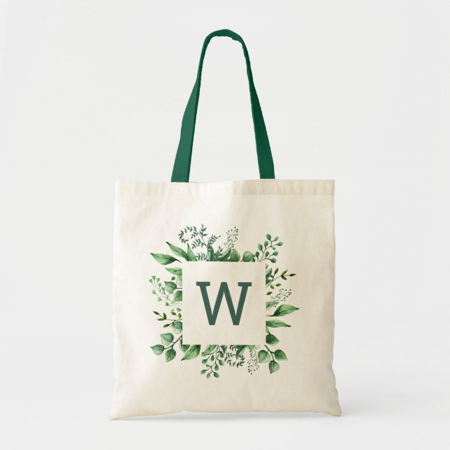 Bolsa Tote Casamento com verde folhagem em aquarela. Monogram (Frente)
