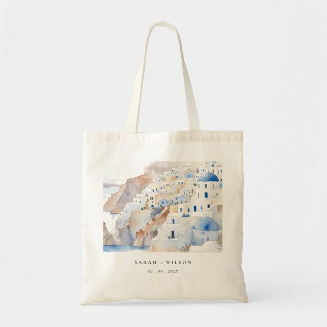 Bolsa Tote Casamento de Aquarela com Grécia Chic Santorini (Frente)