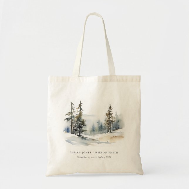 Bolsa Tote Casamento de Aquarela de Pinheiros de Inverno (Frente)