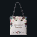 Bolsa Tote Casamento de Boho País Russo Floral Marinho Burgun<br><div class="desc">Marinho vermelho-escuro de cor-de-água, borrado roxo, cor-de-rosa-rosado-rosado-roxo, Chá de panela floral clássico de madeira-presente, com folhagem botânica verde e folhas de eucalipto em fundo de madeira. Esta design fácil de personalizar pode combinar facilmente com as cores do casamento, estilos e temas e é uma escolha perfeita para o meio do...</div>