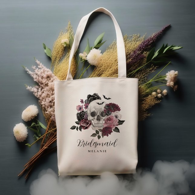 Bolsa Tote Casamento de Cabeça Floral de Bridesmaid Halloween (Bridesmaid Halloween Gothic Floral Skull Wedding Tote Bag)