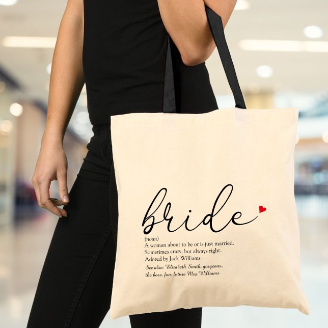 Bolsa Tote Casamento de Chá de panela de Definição Bride (Bride Definition, Bridal Shower Elegant Script Tote Bag)