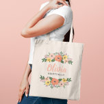 Bolsa Tote Casamento de Coral Pink Floral Bridesmaid<br><div class="desc">Enquanto que o design de um saco de tote personalizado floral apresenta uma coroa de lindas flores aquáticas e verde] que enquadra um nome monográfico personalizado em um roteiro moderno cor-de-rosa penteado, juntamente com texto personalizado de cinza escura com o título do partido noivo. As cores incluem as flores cor-de-rosa...</div>