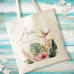 Bolsa Tote Casamento de Destino de Aquarela Botânica Tropical<br><div class="desc">Esta elegante bolsa de tote de destino contém lindos botânicos de aquarela incluindo folhas de palma, hibisco e ave do paraíso. A tipografia é clássica, mas moderna. O roteiro na frente diz "Aloha", mas isso pode ser facilmente personalizado. Esta é a design perfeita para uma praia tropical ou um casamento...</div>