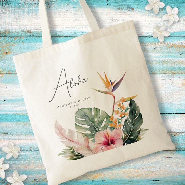 Bolsa Tote Casamento de Destino de Aquarela Botânica Tropical (Criador carregado)