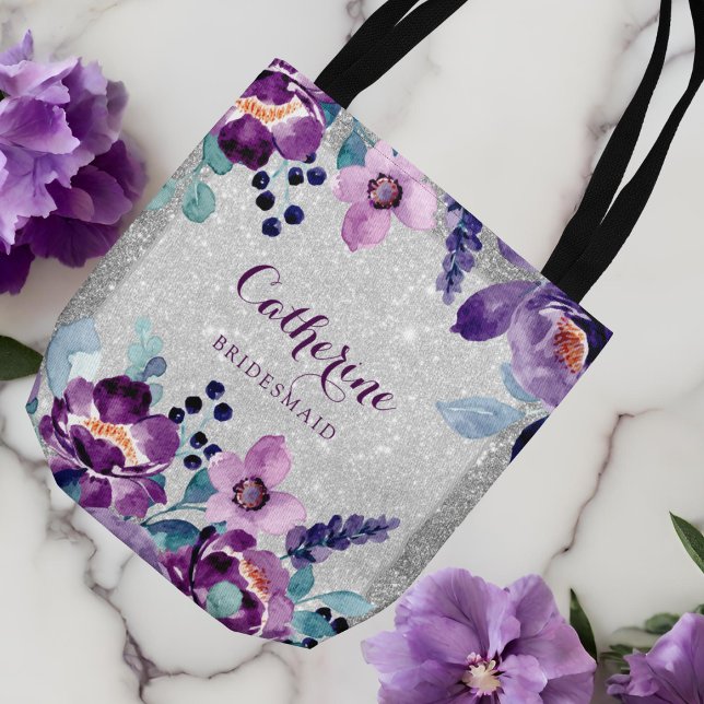 Bolsa Tote Casamento de Floral e Silver de Aquarela Roxo (Criador carregado)