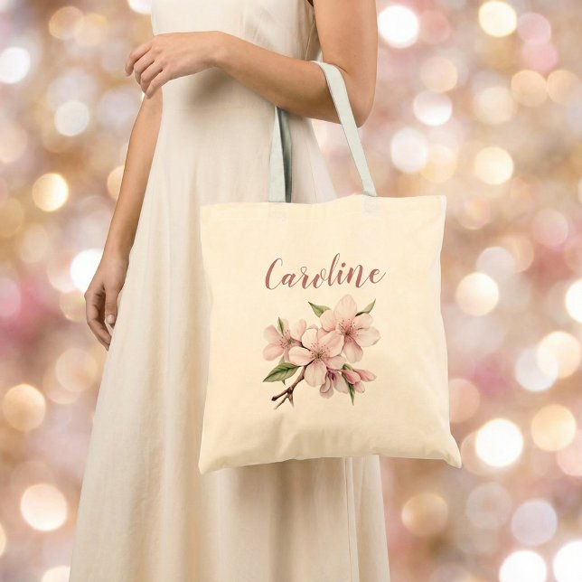 Bolsa Tote Casamento de flores de cerejeira em tom de rosa el (Elegant blush floral script cherry blossom wedding tote bag.)