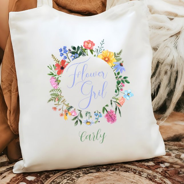 Bolsa Tote Casamento de Garota Flor de Flor Selvagem (Flower Girl Bridal Party Tote Bag gift with watercolor floral wreath)