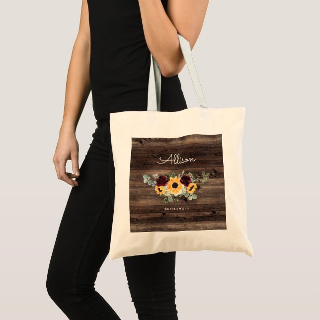 Bolsa Tote Casamento de Girassol e Rosas Rústico de Madeira B (Frente (produto))