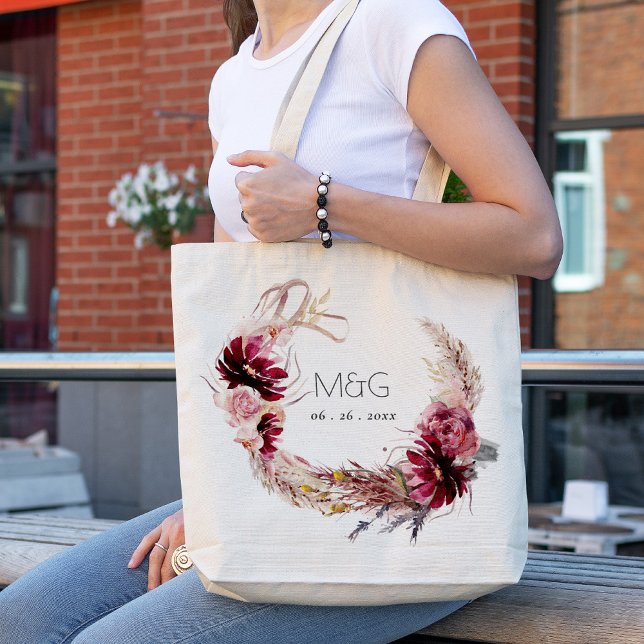 Bolsa Tote Casamento de Grass Floral Pampas Burgundy Blush (Criador carregado)