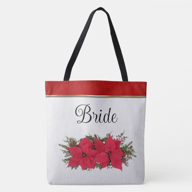 Bolsa Tote Casamento de Inverno com Poinsettia Vermelha (Frente)