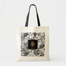 Bolsa Tote Casamento de Monograma Floral Dourado, preto, bran