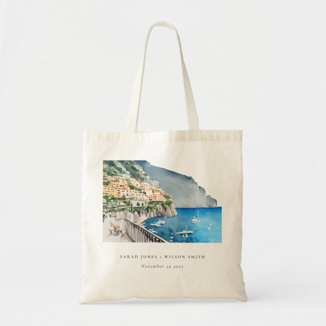 Bolsa Tote Casamento de Paisagem com Aquarela na Costa do Ama (Frente)