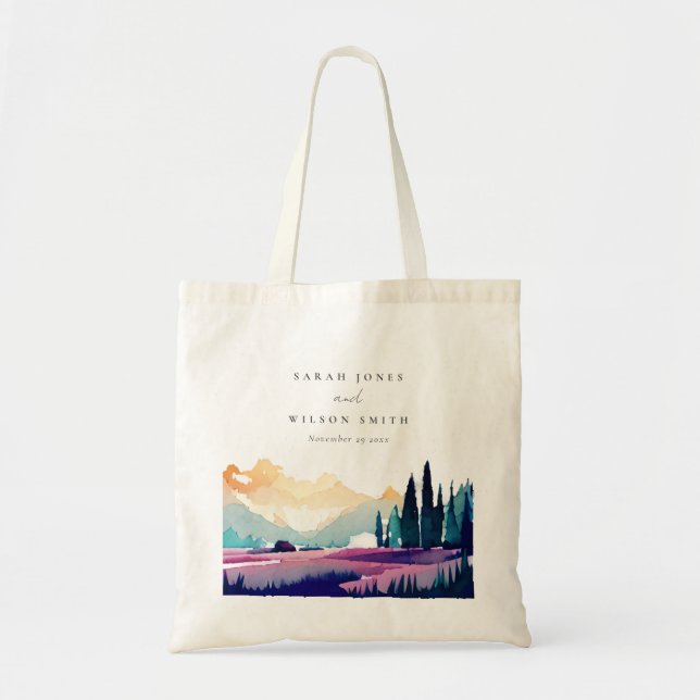 Bolsa Tote Casamento de Paisagem Lilac Fields em Montanha (Frente)