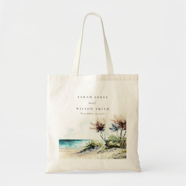 Bolsa Tote Casamento de paisagens de praia de Palm, na costa  (Frente)