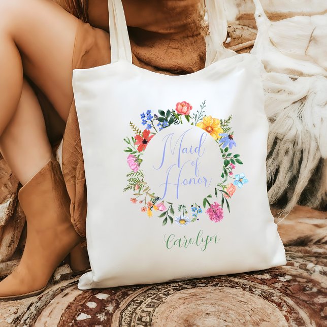 Bolsa Tote Casamento de Script de Madrinha de casamento de Fl (Maid of Honor Wildflower Tote Bag change the text colors to whatever color you like!)