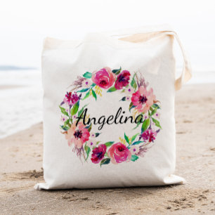 Bolsa Tote Casamento de Wreath Floral de Aquarela Personaliza