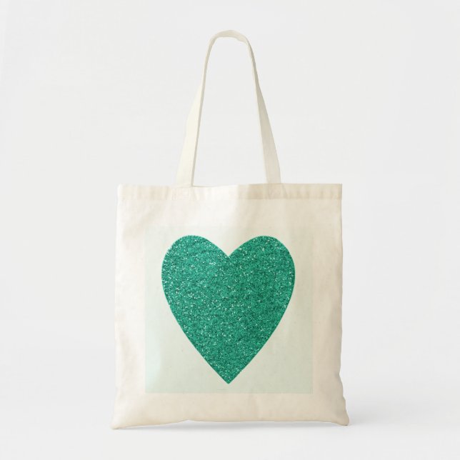 Bolsa Tote Casamento do Coração Verde do Mar Glitter (Frente)