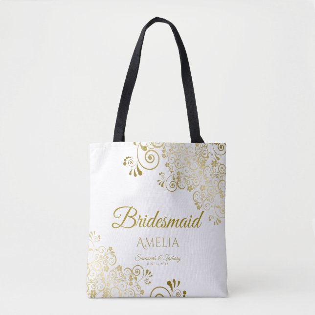 Bolsa Tote Casamento Dourado de Bridesmaid Elegante Branca (Frente)