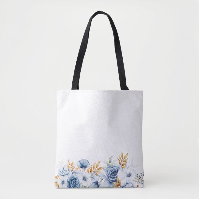 Bolsa Tote Casamento Dourado Floral Branco Dusty Blue (Frente)
