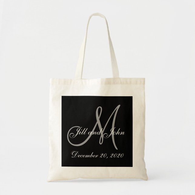 Bolsa Tote Casamento elegante cinzento preto do monograma (Frente)