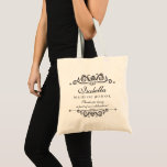 Bolsa Tote Casamento Elegante Obrigado Madrinha de casamento<br><div class="desc">Obrigado sua Madrinha de casamento com esta bolsa de tote simples, mas elegante, personalizada. Perfeito para manter os suprimentos de dia de casamento, calçados, maquiagem, etc. organizados. Adicione seu nome de Madrinha de casamento e mais 3 linhas de texto personalizado para personalizar. A safra chic inspirou elementos de design elogios...</div>