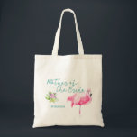 Bolsa Tote Casamento flamingo da praia mãe da noiva<br><div class="desc">Starfish,  mãe da noiva do mar / praia / saco de tote de casamento de destino com uma cor-de-água rosa flamingo,  roteiro de caligrafia azul aqua e texto editável. Personalize-o com a mãe do nome da noiva.</div>