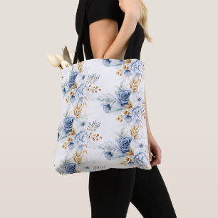 Bolsa Tote Casamento Floral Azul Poeirento Branco Dourado