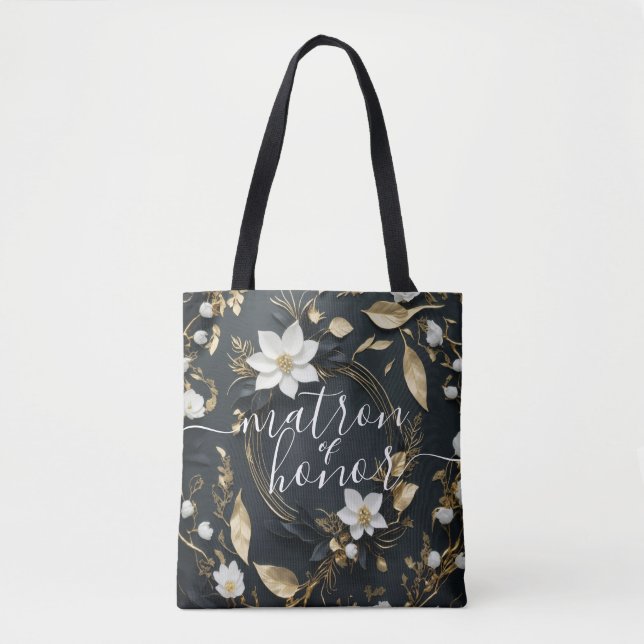 Bolsa Tote Casamento Floral Branco e Dourado Matrimônio de Ho (Frente)