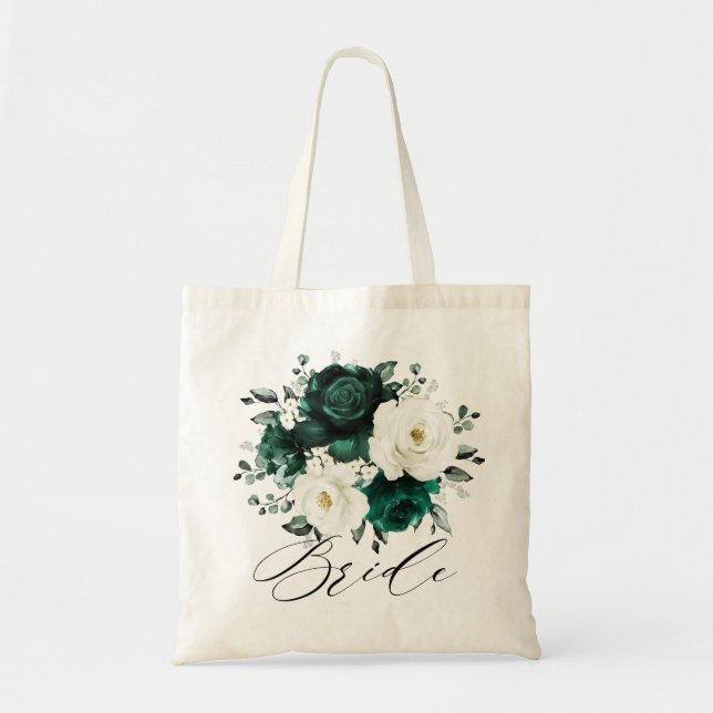Bolsa Tote Casamento Floral Branco Eucalyptus Emerald Greener (Frente)