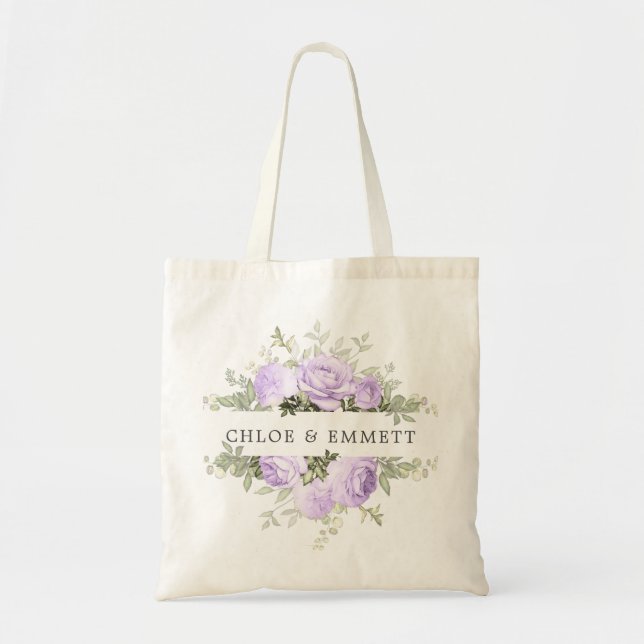 Bolsa Tote Casamento Floral Branco Roxo (Frente)