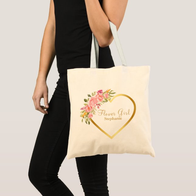 Bolsa Tote Casamento Floral Dourado Coração Rosa Rosa (Frente (produto))