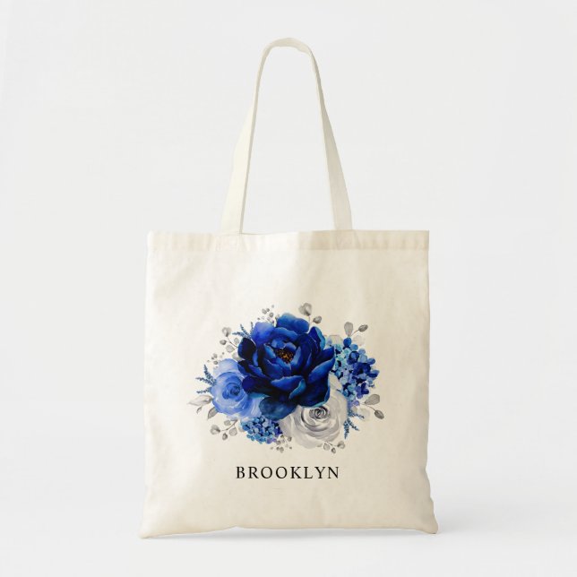 Bolsa Tote Casamento Floral Metálico Real Blue Silver (Frente)