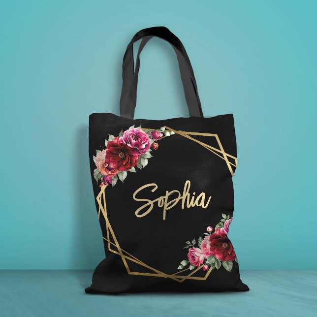 Bolsa Tote Casamento floral preto vermelho-chic (Criador carregado)