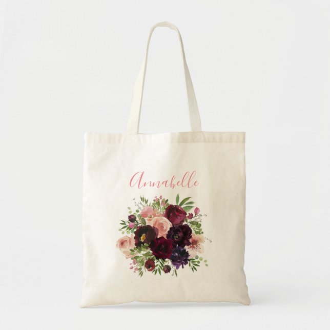 Bolsa Tote Casamento Floral Rosa e Borgonha (Frente)
