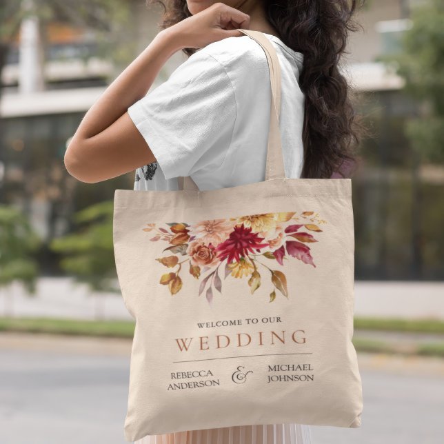 Bolsa Tote Casamento Floral Rustic Burgundy Terracotta Bem-Vi (Criador carregado)