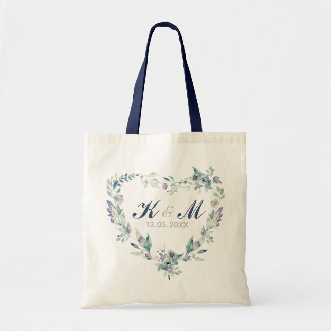 Bolsa Tote Casamento Monograma Aquarela Coração Floral Coraçã (Frente)