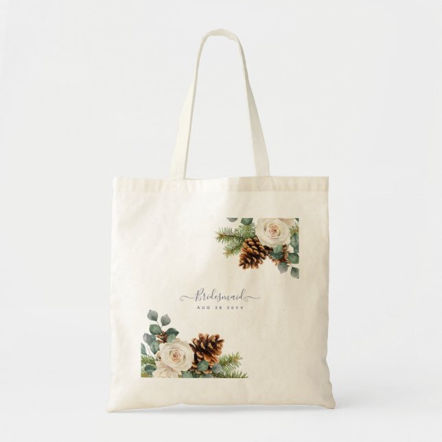 Bolsa Tote Casamento no inverno Eucalyptus Greenery White Ros (Frente)