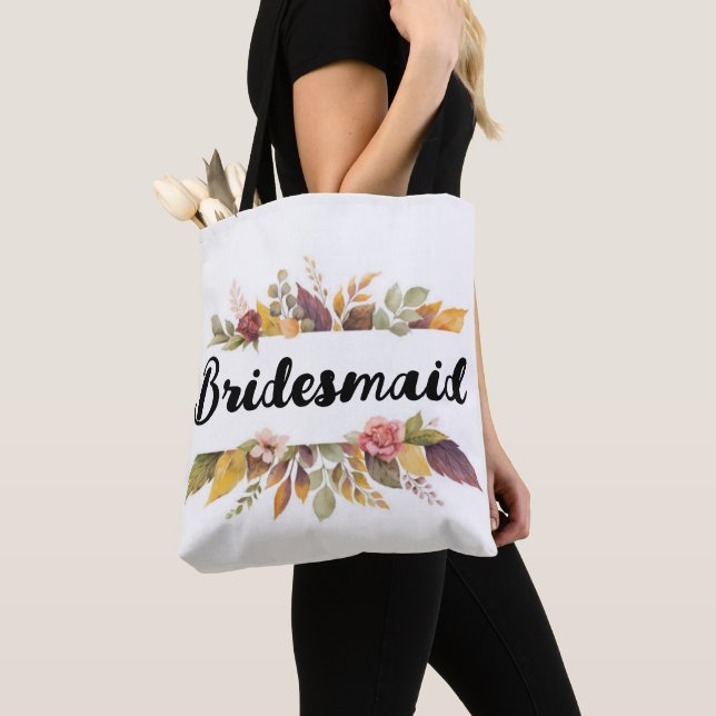 Bolsa Tote Casamento outono de Texto Floral Bridesmaid Burgun (Close Up)