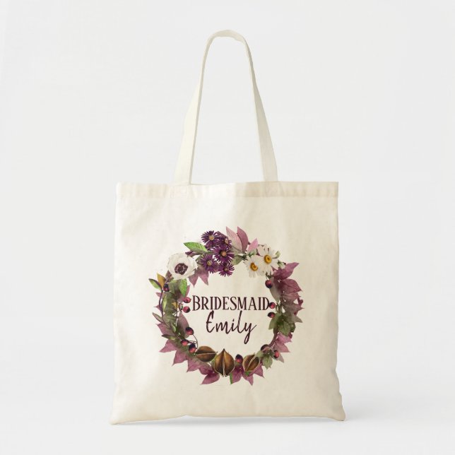 Bolsa Tote Casamento outono Wreath Plum Bridesmaid Name ID465 (Frente)