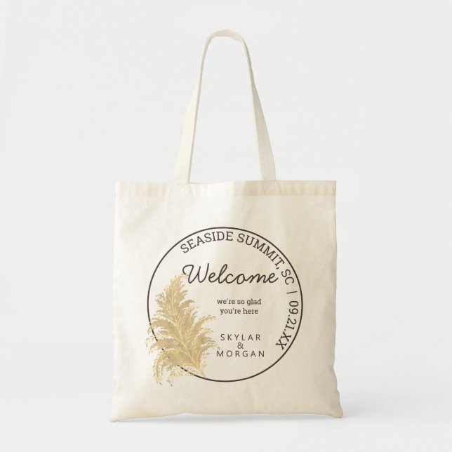 Bolsa Tote Casamento Pampas Grass Tan Em Boas-Vindas Brancas (Frente)