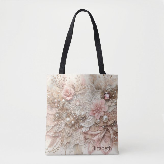 Bolsa Tote Casamento Personalizado de Ivory Beige Florals (Frente)