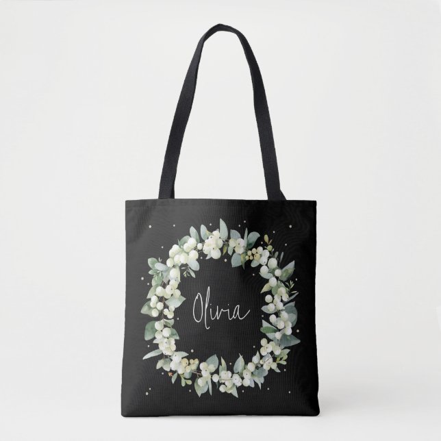Bolsa Tote Casamento Personalizado Preto Snowberry+Eucalipto (Frente)