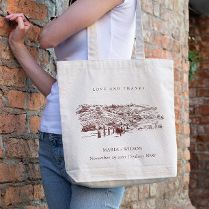 Bolsa Tote Casamento Rustic Rust Brown Winery Mountain Sketch