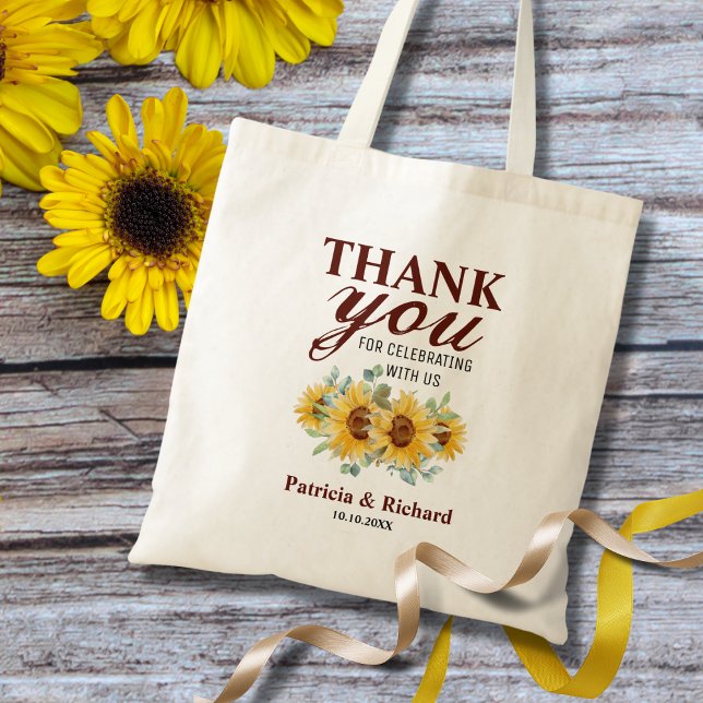 Bolsa Tote Casamento Rustic Sunflower Obrigado A Favor (Say a rustic 'Thank You' with our Sunflower Wedding Favor Tote Bags. country wedding welcome bag.)